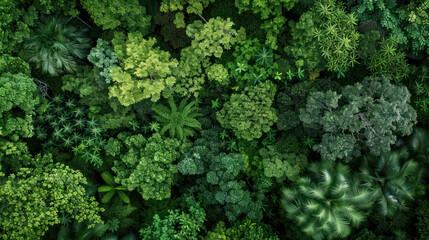 Aerial view of a forest canopy in a temperate zone, with deciduous and evergreen trees mixed together, creating a patchwork of different shades of green and textures