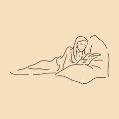 Reader woman reading book lying down. Line art drawing. Sketch outline vector