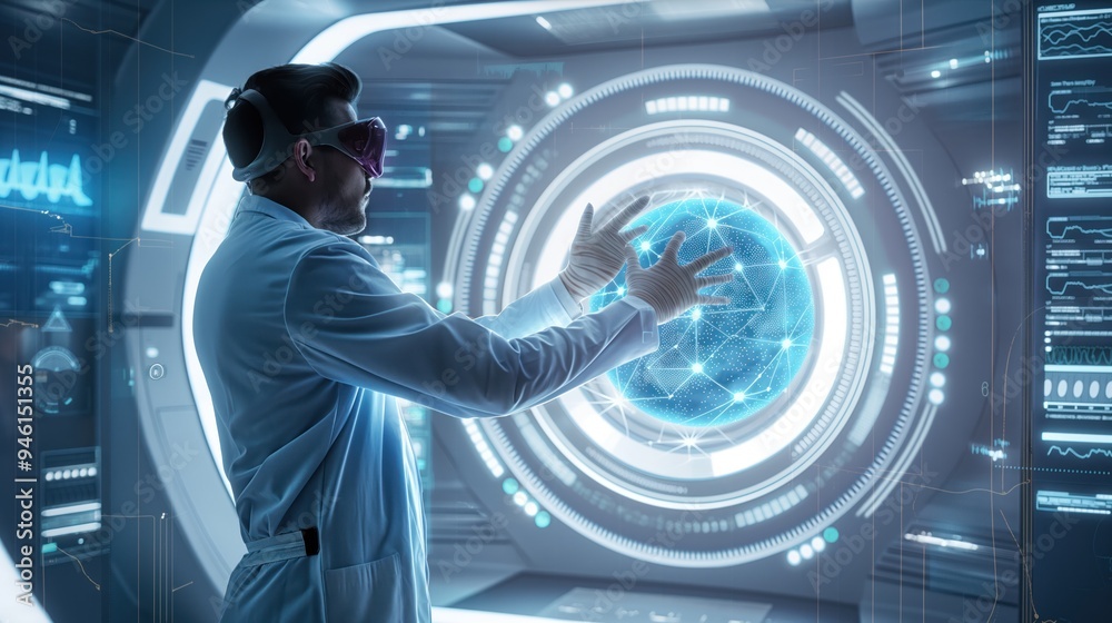 Poster doctor in modern medical lab with futuristic computer screen and virtual interface. molecular resear