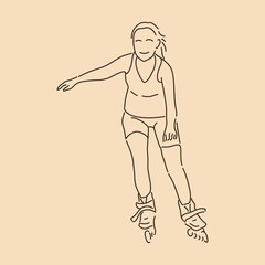Roller skating girl. Line art drawing. Sketch outline vector