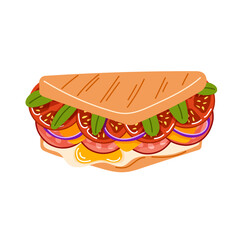 Sandwich with fresh green leaves, tomato, salami, cheese, onion and egg. Cartoon illustration. Design for food restaurant menu, breakfast cafe, bakery. Vector isolated on a white background.