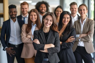 Group of diverse professionals smiling confidently at camera. Young woman with crossed arms stands with colleagues in office. Business leaders pose together, showing teamwork and collaboration.