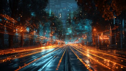 This scene features a vibrant holographic display overlaying a busy urban street at night, highlighting the blend of technology and city life.