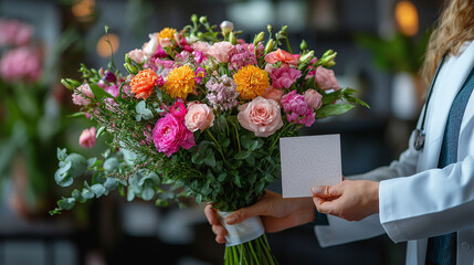 A doctor receiving a bouquet of flowers and a thank-you card from a grateful patient, acknowledging their hard work on International Doctor's Day