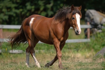 Obraz premium Brown chestnut horse with white blaze on face is mid-stride, moving right. Hooves firmly planted on lush green grass. Wooden fence backdrop with solitary tree in background.