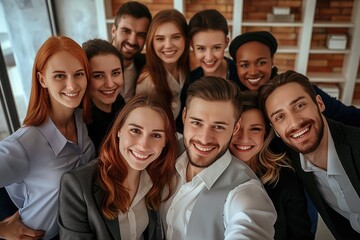 Fototapeta premium Group of happy, confident business workers posing together at office. Smiling adult professionals standing with arms crossed in meeting. Businessman, businesswoman colleagues looking at camera with