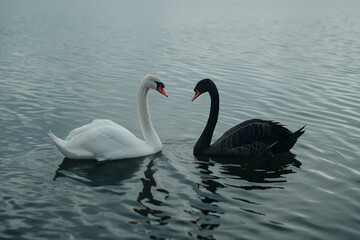 Romantic Encounter Black and White Swans on Calm Water at Dusk