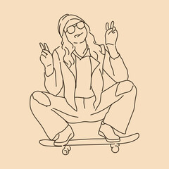 Skateboard girl. Line art drawing. Sketch outline vector
