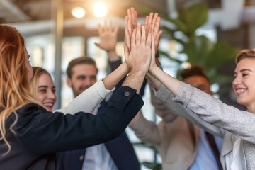 Business colleagues standing together with hands raised in a high five gesture. Smiling adults in pro attire. Office setting with modern furniture. Teamwork and collaboration concept.