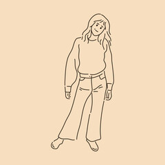 Standing pose woman. Line art drawing. Sketch outline vector