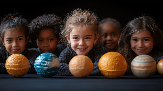 A diverse group of schoolchildren excitedly gathered around a solar system model, learning about space during World Space Week, with copy space on a clean background - Powered by Adobe