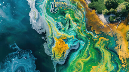 Fototapeta premium Aerial view of a colorful algae bloom in a lake, with swirling patterns of green, yellow, and blue spreading across the water surface, creating a vibrant natural abstraction
