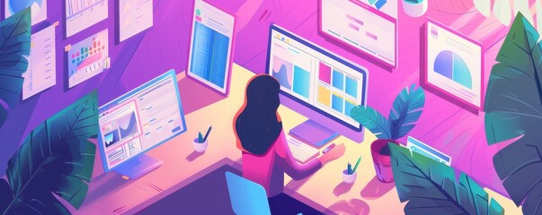 Businesswoman analyzing data on multiple screens in a modern, colorful office with plants, charts, and graphs.