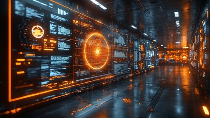 A dynamic holographic display illuminates a sleek corridor with glowing data visualizations, highlighting advanced technology in use.