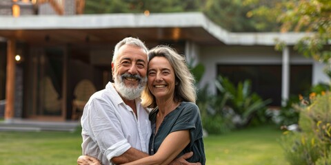 Fototapeta premium Portrait of a senior married couple holding keys and standing outside their new home on a moving day and hugging Mature people outside their new house Copy space Investing in property