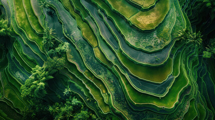 Obraz premium Aerial shot of terraced farmland on rolling hills, with rows of crops following the contours of the land, creating an intricate, scenic pattern