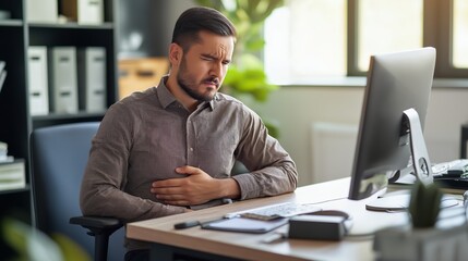 Fototapeta premium A man in an office looks distressed, holding his stomach, indicating discomfort or pain.