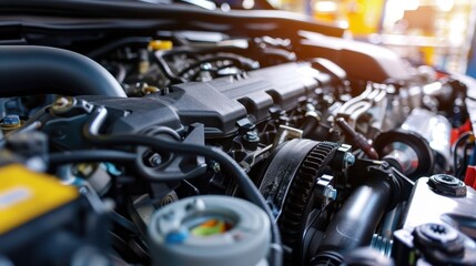 Fototapeta premium Close-up view of a car engine, showcasing various components and mechanical parts in sharp focus under bright lighting.