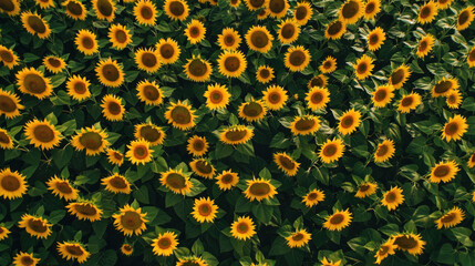 Aerial shot of a sunflower field in full bloom, with bright yellow flowers stretching across the farmland, contrasting with the deep green foliage