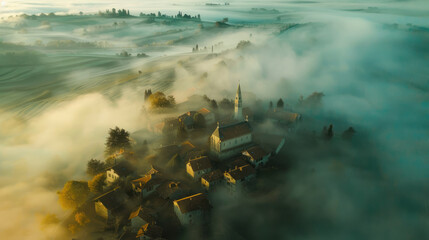 Naklejka premium Aerial shot of a rural village cloaked in fog, with rooftops and church spires peeking through the mist, surrounded by fields fading into the fog