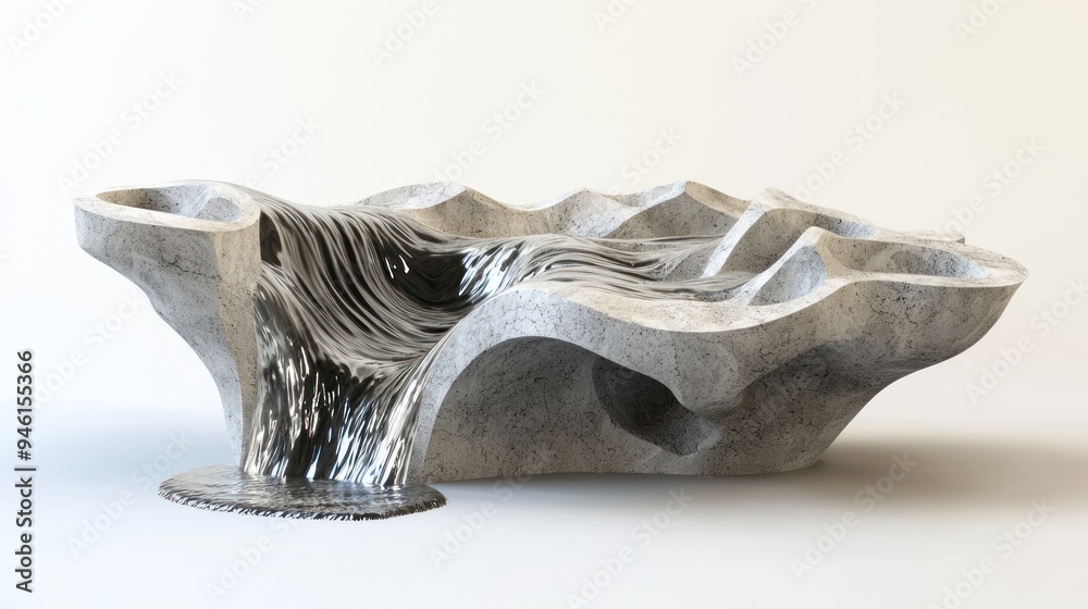 Wall mural abstract concrete sculpture with liquid metal waterfall