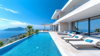 Obraz premium Generative ai illustration of a Terrace in villa with sunbeds and pool