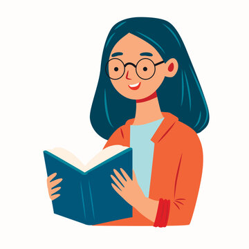 recommend clip art: girl with glasses reading a book. School education concept