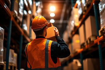 Fototapeta premium A warehouse worker inspects a box while navigating through organized storage shelves, showcasing logistics and inventory management.
