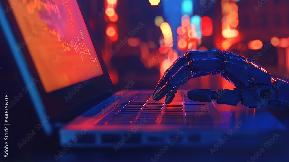 Poster robotic hand typing on a computer. stock replacing humans in interactions.