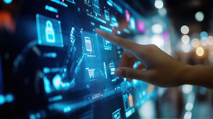 Finger interacting with futuristic digital interface at night