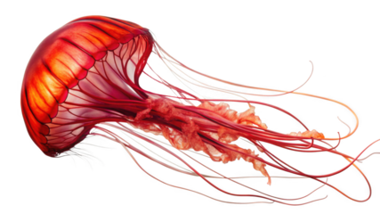 Close-up image of a red jellyfish swimming underwater on the transparent background PNG