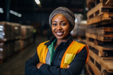 Naklejka premium Portrait of a smiling middle aged female warehouse worker