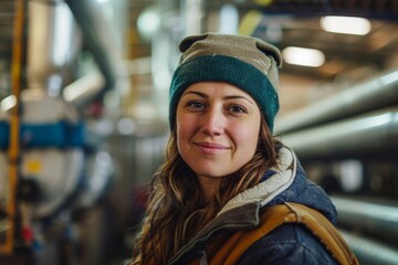 Fototapeta premium Portrait of a young female assembly line worker in factory