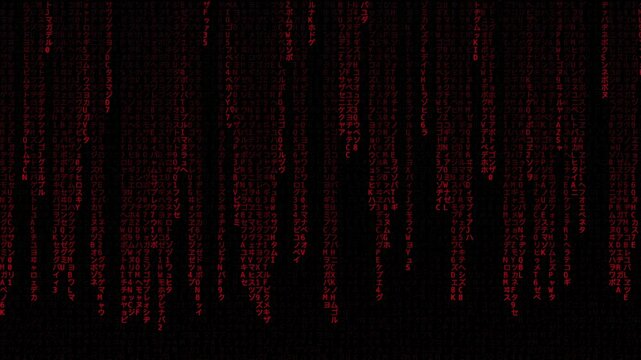 Japanese and English alphanumeric character. Hacker attack. Red code on black background. Moving digits on screen. Concept of digital age. decryption and encoding, row matrix, future, animation 4k.