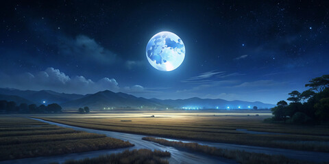 Full Moon Illuminating a Tranquil Night Landscape with Rolling Fields and Clouds 달빛이 비추는 평화로운 밤 풍경과 구름이 있는 언덕 풍경 추석