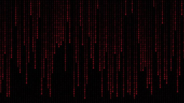 Binary digits. Hacker attack. Red code on black background. Moving digits on screen. Concept of digital age. decryption and encoding, row matrix, future, animation 4k.