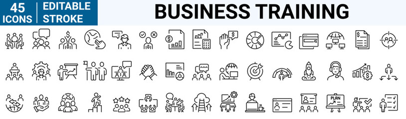 Business training and office line web icons. Teamwork, co-workers, cooperation. Vector illustration