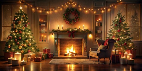 Empty Christmas room at night with cozy fireplace, decorations, and twinkling lights, perfect for holiday backgrounds and designs
