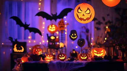 44 Brightly lit indoor party Halloween decorations hanging bats ghost balloons spooky snack table