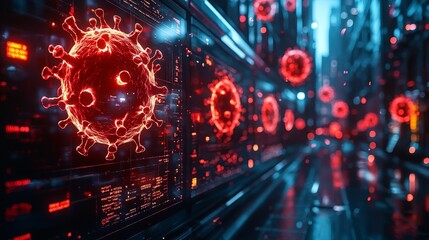 A holographic display depicts the spread of a virus across a futuristic city, illustrating infection levels and impact on urban life.