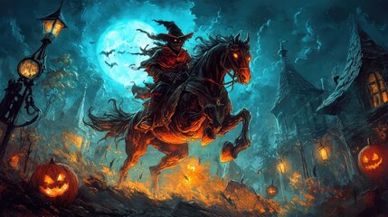 Cartoony headless horseman in an epic pose, with the over-the-top.