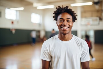 Obraz premium Portrait of a smiling male African American teenager in basketball gym