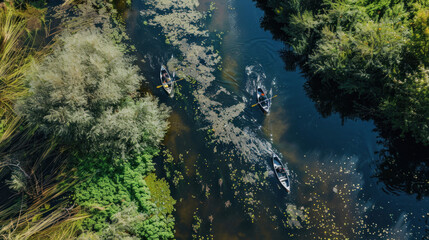 Aerial perspective of a river being monitored for water quality, with drones capturing images of pollution levels, and scientists collecting samples from boats