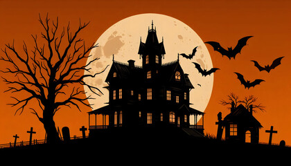 Haunted House Silhouette with Full Moon and Bats