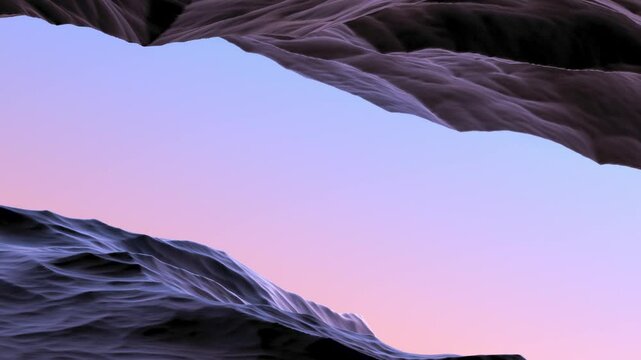 Rocky cliff rocky mountain landscape,rocky cliff on sky horizon. Overhanging cliff,rocky stone gorge at sunrise,sunset,evening,animation. 3D render