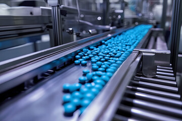 Obraz premium Blue Capsules are Moving on Conveyor at Modern Pharmaceutical Factory. Tablet and Capsule Manufacturing Process. Close-up Shot of Medical Drug Production Line 