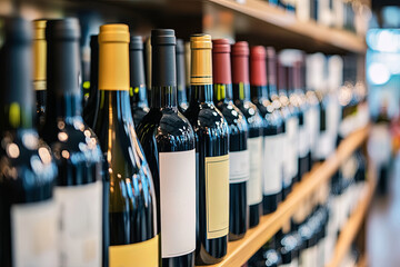 Wine bottles background. Bottles of red and white wine in a wine cabinet of a liquor store
