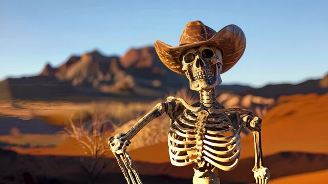 A striking image featuring a skeleton adorned with a cowboy hat, confidently holding a cane against the backdrop of a vast desert landscape, evokes a sense of adventure and mystery