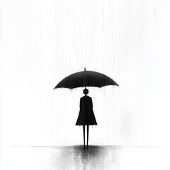 Illustrate a character in a rainstorm using only black and white