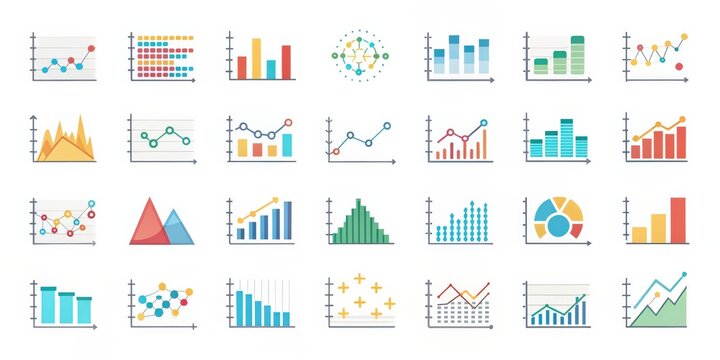 Pack of flat icons featuring a variety of scatter plots for data visualization